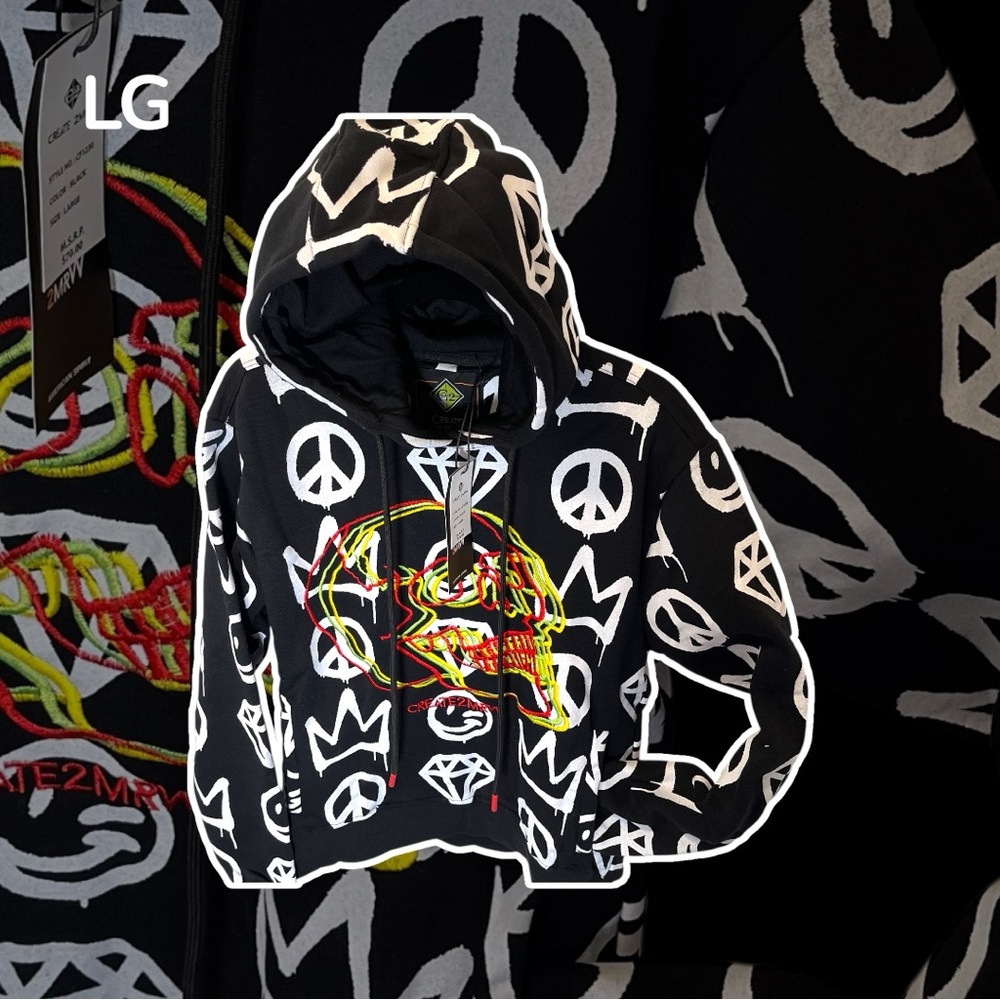 •NWT• CREATE 2MRW Embroidered Skull Black & multi-colored hoodie • LARGE